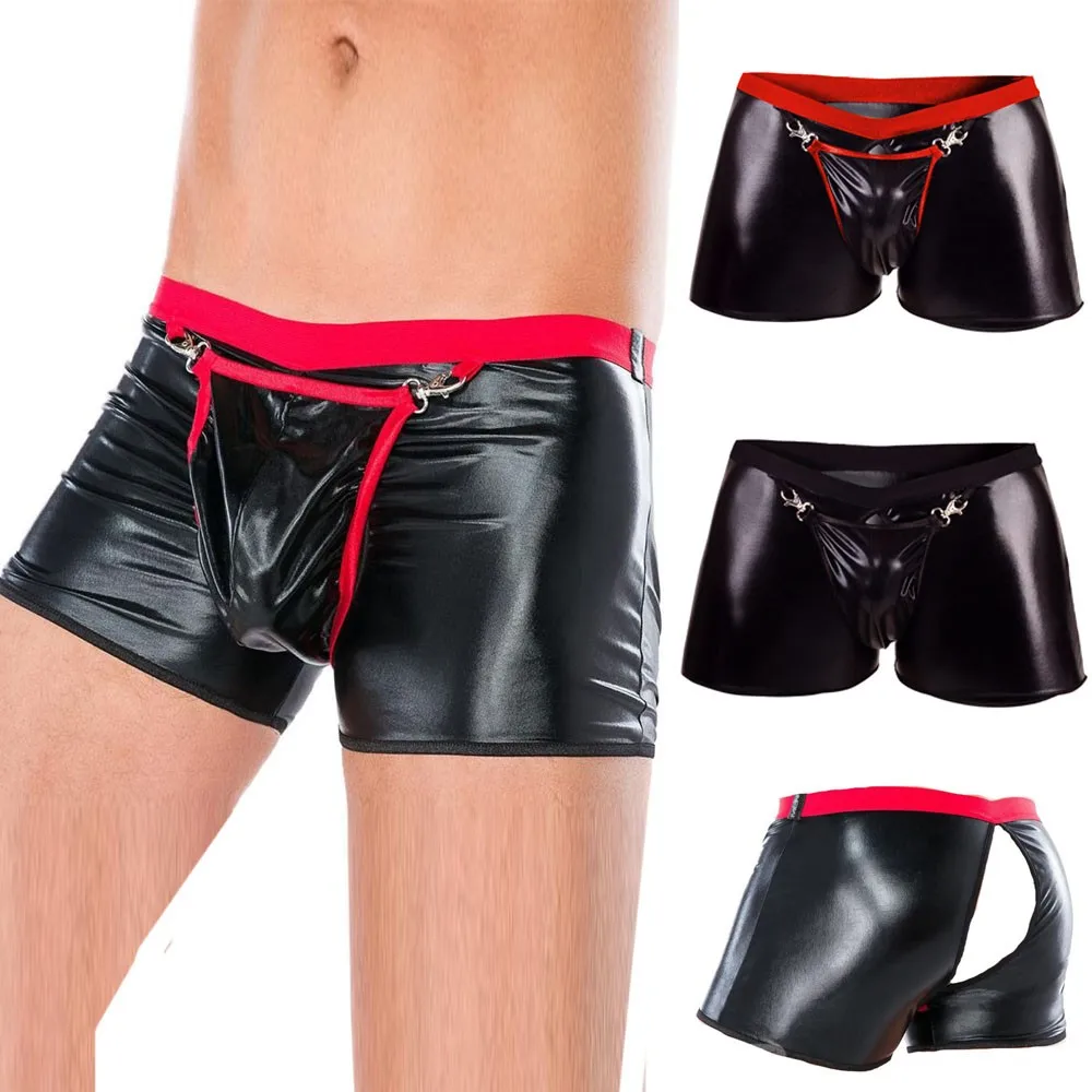 

Men Open Crotch Leather Boxer Shorts Wetlook Clubwear Gay Underwear Erotic Crotchless Boxershorts Men Lingerie Leather Underpant