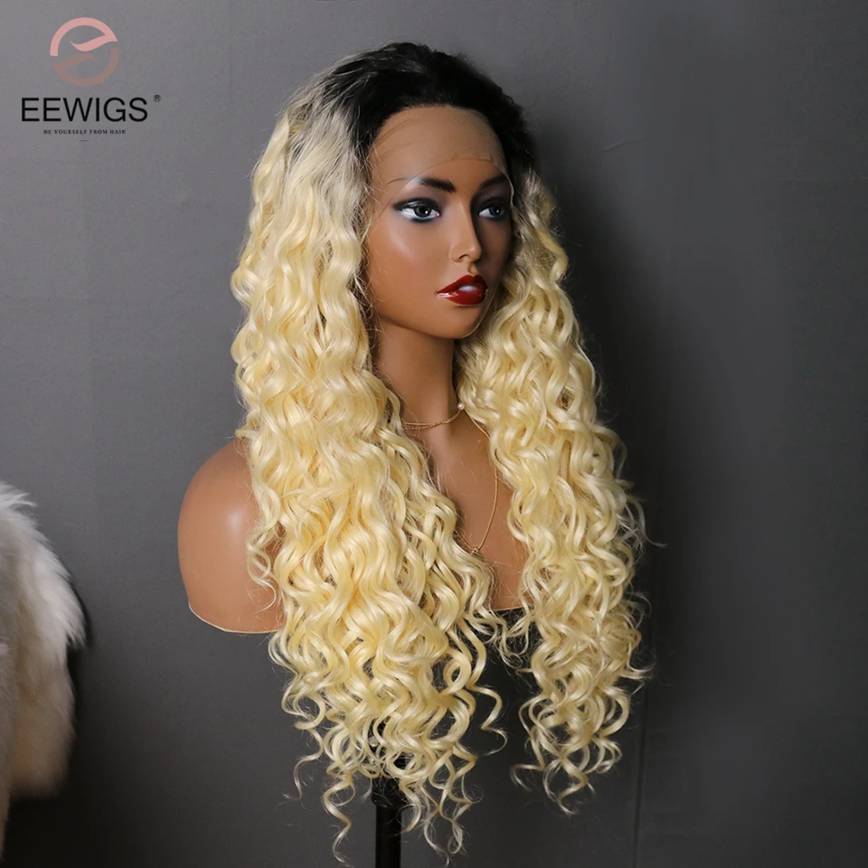 EEWIGS Ombre блонд парик 13X4 термостойкий синтетический парик с черными корнями двухцветные кудрявые парики для черных женщин