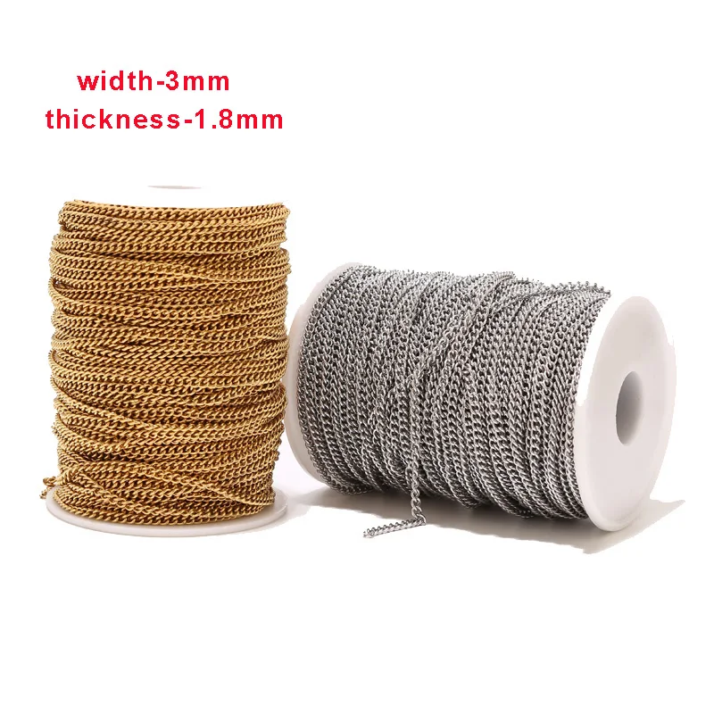 

5Meters Stainless Steel Gold Tone 3mm Width Cable Chains Curb Flat Link Chain For DIY Jewelry Necklaces Bracelet Findings Making