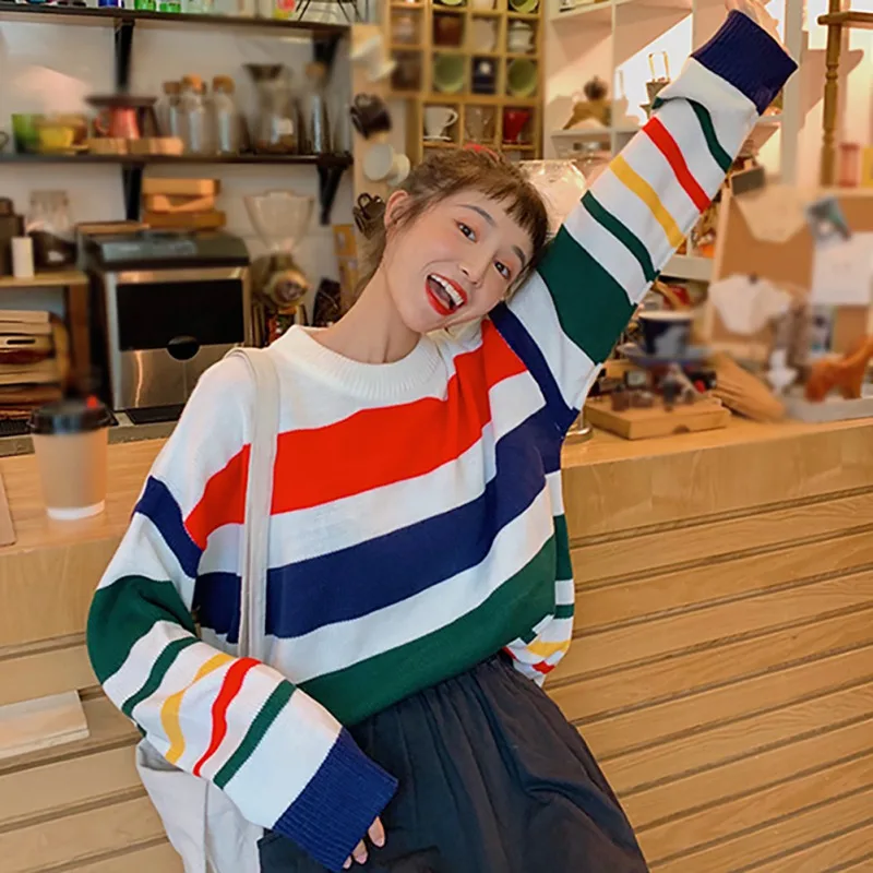 

Color Striped Lovely Girls' Sweater 2019 Autumn Winter Sweet Girl Knit Pullover Loose Women Round Collar Tops