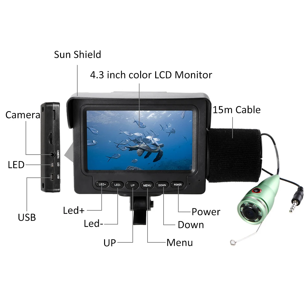 

1000TVL 4.3in LCD Monitor Fish Finder Underwater LED Night Vision Camera 165° Wide Angle 15M Cable for Sea Fishing