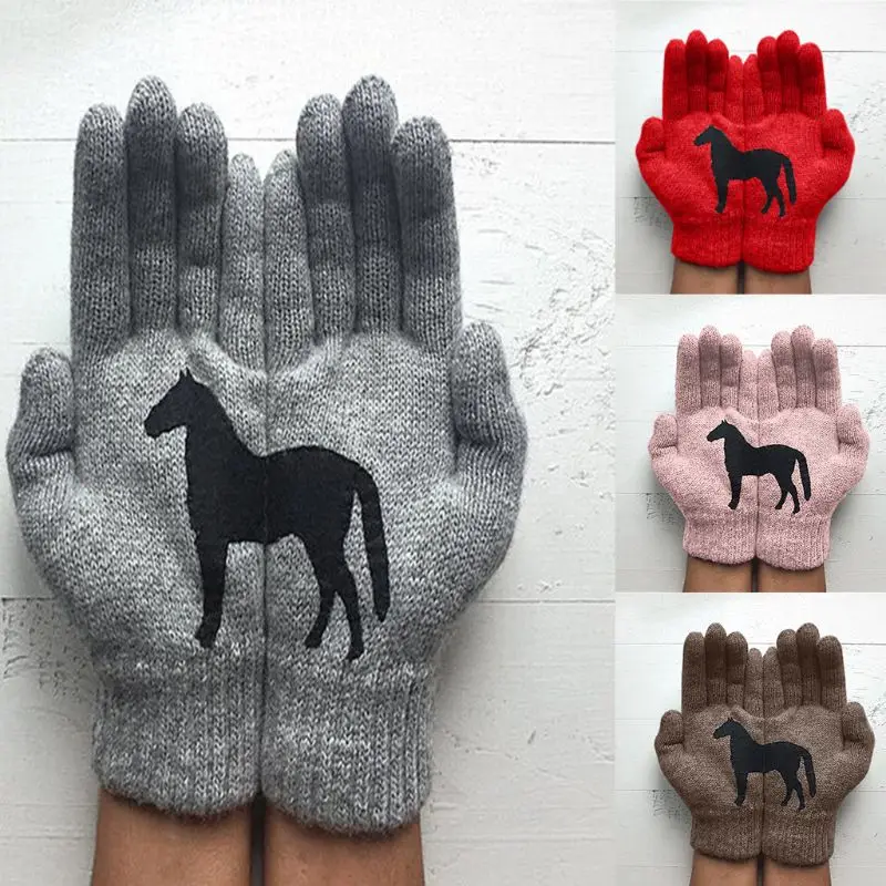 

Women Winter Warm Knitted Gloves Funny Black Horse Irregular Patchwork Mittens