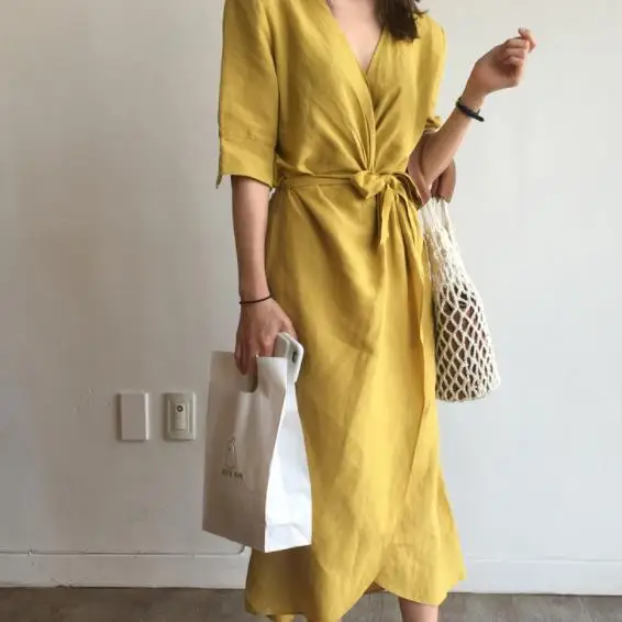Летнее пляжное желтое платье из хлопка и льна с v-образным вырезом, свободное женское платье средней длины с поясом, новинка, шикарное платье DC892
