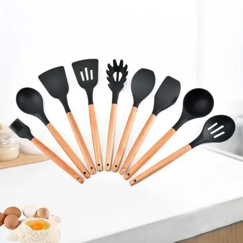 9pcs 9 шт. силиконовая посуда наборы антипригарный шпатель ложка с деревянной ручкой масляная щетка кухонная посуда кухонный инструмент Кухонные гаджеты - Цвет: 9pcs