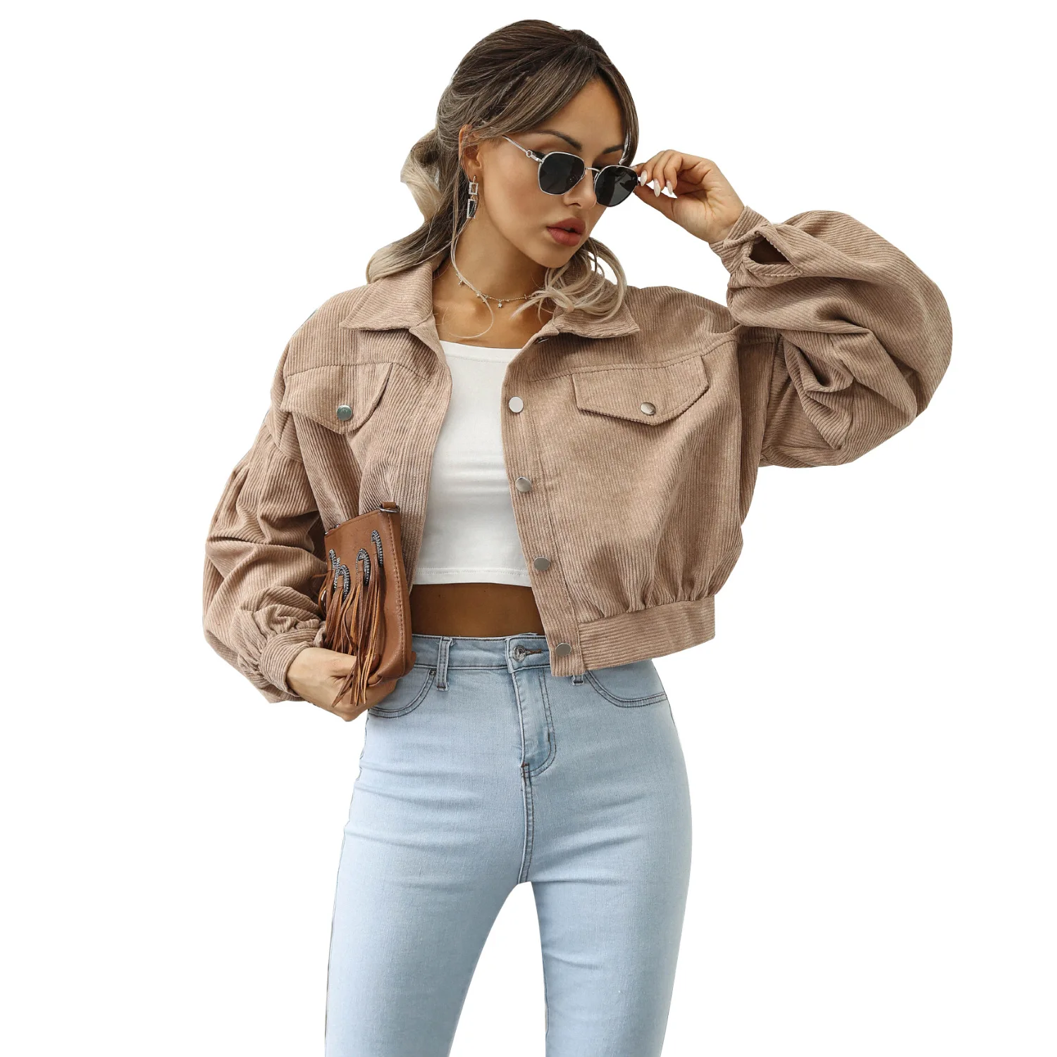 Fashion Women Corduroy Lantern Long Sleeves Lapel BF Style Jacket Fall Winter Elegant Solid Color New Loose Casual Short Jackets