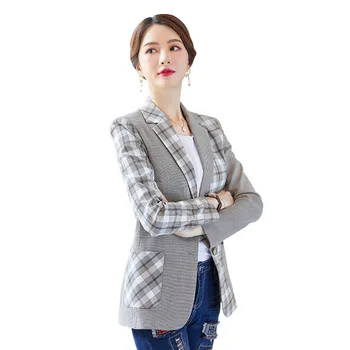 

Plus Size 4XL Womens Classic Plaid Two Buttons Business OL Blazer Jacket Coat Slim Patchwork Winter Thick Chamaras Mujer