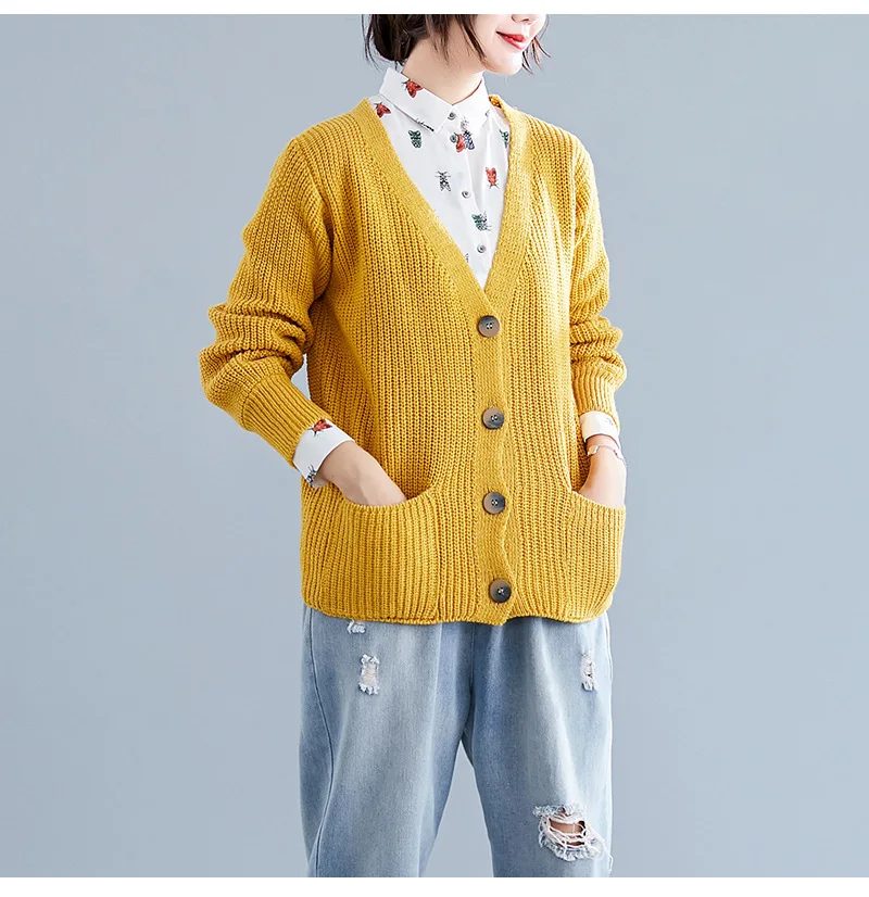 

2019 Women Cardigans Sweater V neck Solid Loose Knitwear Single Breasted Casual Knit Cardigan Outwear Autumn Winter Jacket Coat
