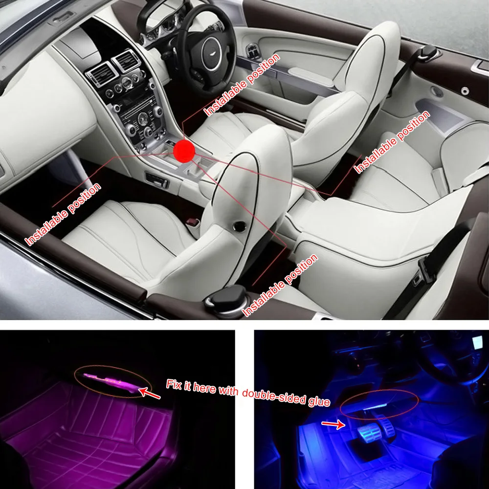 LEEPEE 2 Piece Car LED Dash Floor Foot Strip Light Cigarette Lighter Adapter Interior Decorative Lamp Atmosphere Lamps
