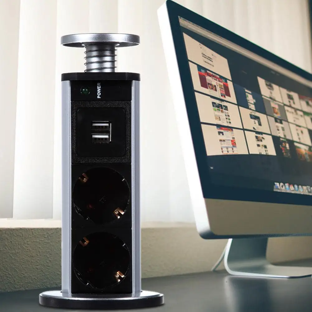 Выдвижная розетка электрическая всплывающая Настольная с 3 разъемами 2 USB