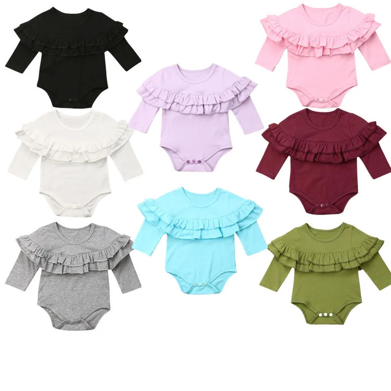 

Cotton comfortable Newborn Baby Girls Long Sleeve Solid Bodysuits Lotus leaf collar Jumpsuit Bodysuit Outfits Clothes 8 Colours