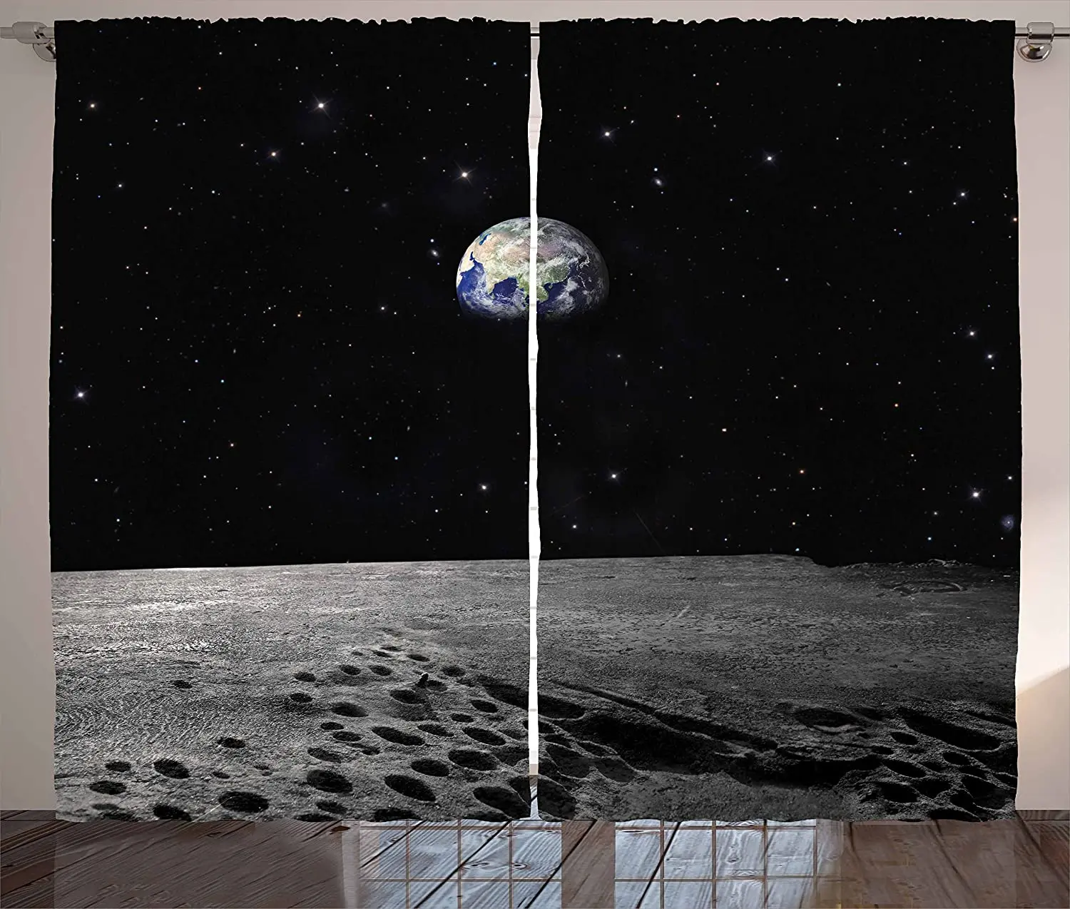 Nero Grigio Blu Terra Tende Pianeta Terra Come Visto Dalla Luna Spazio Esterno Via Lattea Silenzioso Cielo Notturno Galassia Tenda Della Finestra