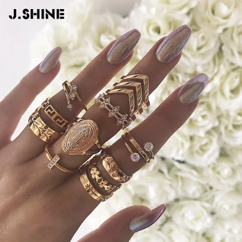 

JShine 13Pcs/Set Punk Gold Color Virgin Mary Rings Set for Women Hollow Geometric Flowers Crystal Boho Jewelry Wedding Rings