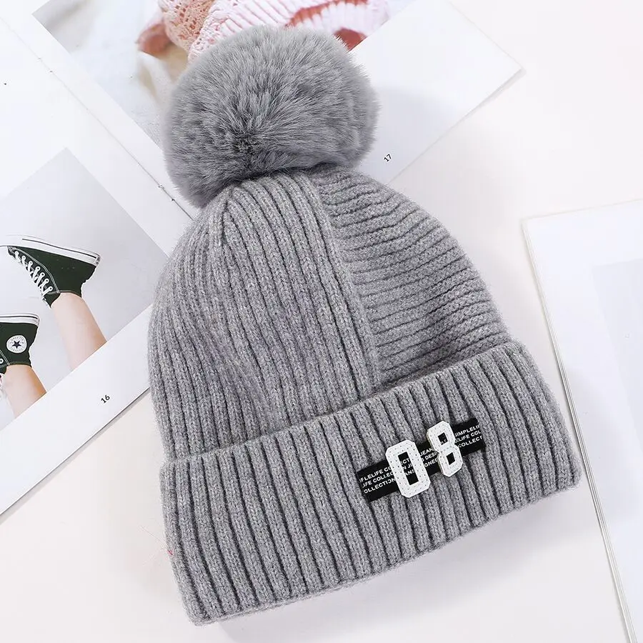 Лидер продаж; Новинка; зимние вязаные шапки Skullies с помпоном из искусственного меха; Модные женские теплые шапки в полоску с буквенным принтом; вязаная шапка; - Цвет: gray