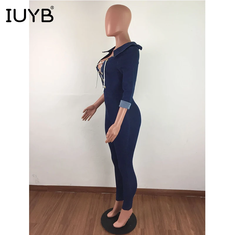 IUYB Весна Высокое качество сексуальный дизайн женский комбинезон однотонный v-образный вырез длинный рукав крест накрест Новинка джинсовый длинный комбинезон JLX8698