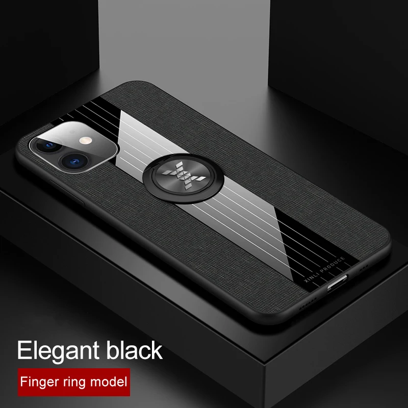 Роскошный тканевый стеклянный силиконовый чехол для iPhone 6, 6s, 7, 8 Plus, 11 Pro, XS, Max, бизнес-чехол с магнитным кольцом для пальца, автомобильная подставка - Цвет: Black with stand