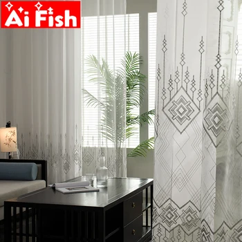 

Simple embroidered window screen gray lace geometric window treatments tulle for living room luxury curtain for kitchen ZH212#30