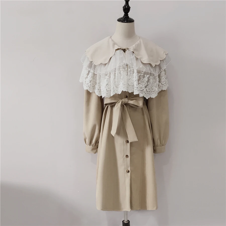 Khaki WHITNEY WANG Весенняя мода уличная кружевная Лоскутная куртка с воротником Питер Пэн женская верхняя одежда - Color: Khaki