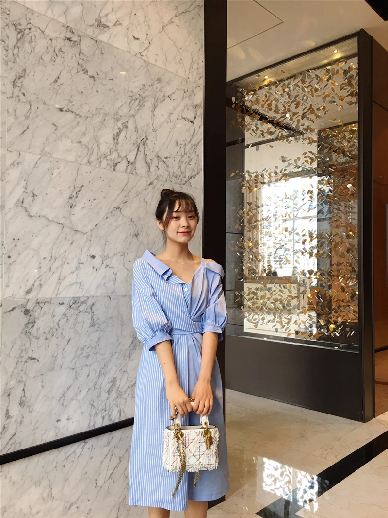 Women Striped Belt Asymmetric Bow Patchwork Drersses New High Street Off Shoulder Design Female Shirt Dress Vestidos DV574