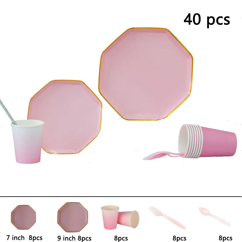 40PCS Одноразовые вечерние столовые приборы, свадебные украшения, украшения для дня рождения, детские 8 шт./1 упаковка, бумажные тарелки, бумажный стаканчик - Цвет: 40PCS