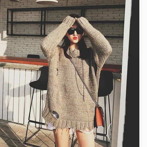 

FINEWORDS 2019 Autumn Winter Sweater Women O Neck Hollow Out Solid Pullover Korean Style Loose Knitted Sweater Casual pull femme