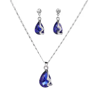 

925 sterling silver necklace earrings ladies, dripping gemstone dark blue jewels, wedding / engagement Fine jewelry set