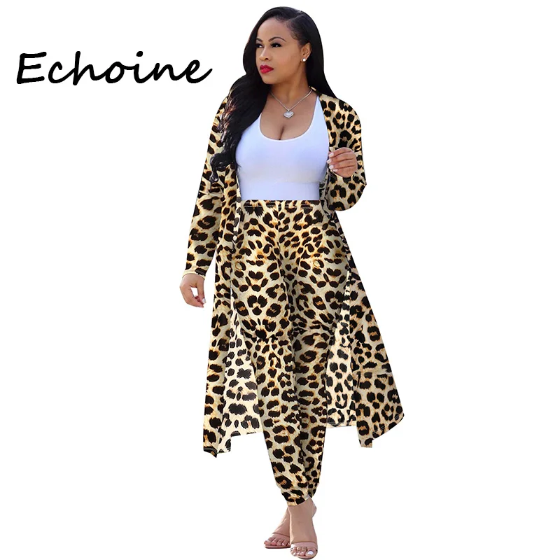 

Sexy Print Leopard Cardigan Jacket Two Pieces Set Long Sleeve Long Tops +Pants Casual Party Night Autumn Cloths For Women