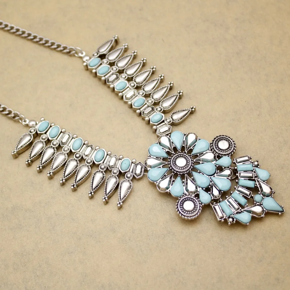 

Vintage Silver Indian Resin Turkey Blue Stone Big Flower Pendant Necklace Jewelry Women Statement Trendy customizable