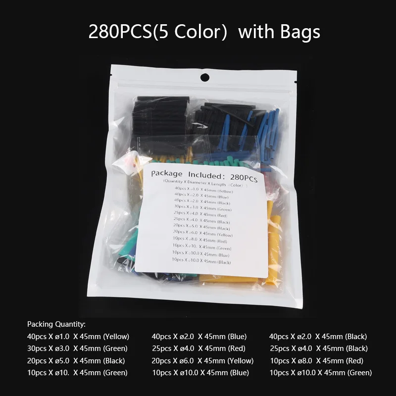 280PCS(5Color) Смешанный красочный набор полиолефина сокращения Ассорти термоусадочная трубка Обёрточная бумага провод кабель с изоляцией трубки комплект трубок соединения - Цвет: 280PCS(5Color)