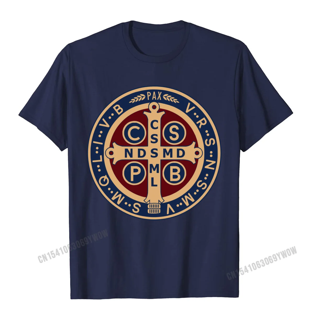 Custom Normal Crewneck T-Shirt Father Day Tops Tees Short Sleeve for Men High Quality 100% Cotton Slim Fit Top T-shirts The Saint Benedict Medal Catholic Pullover Hoodie__603 navy