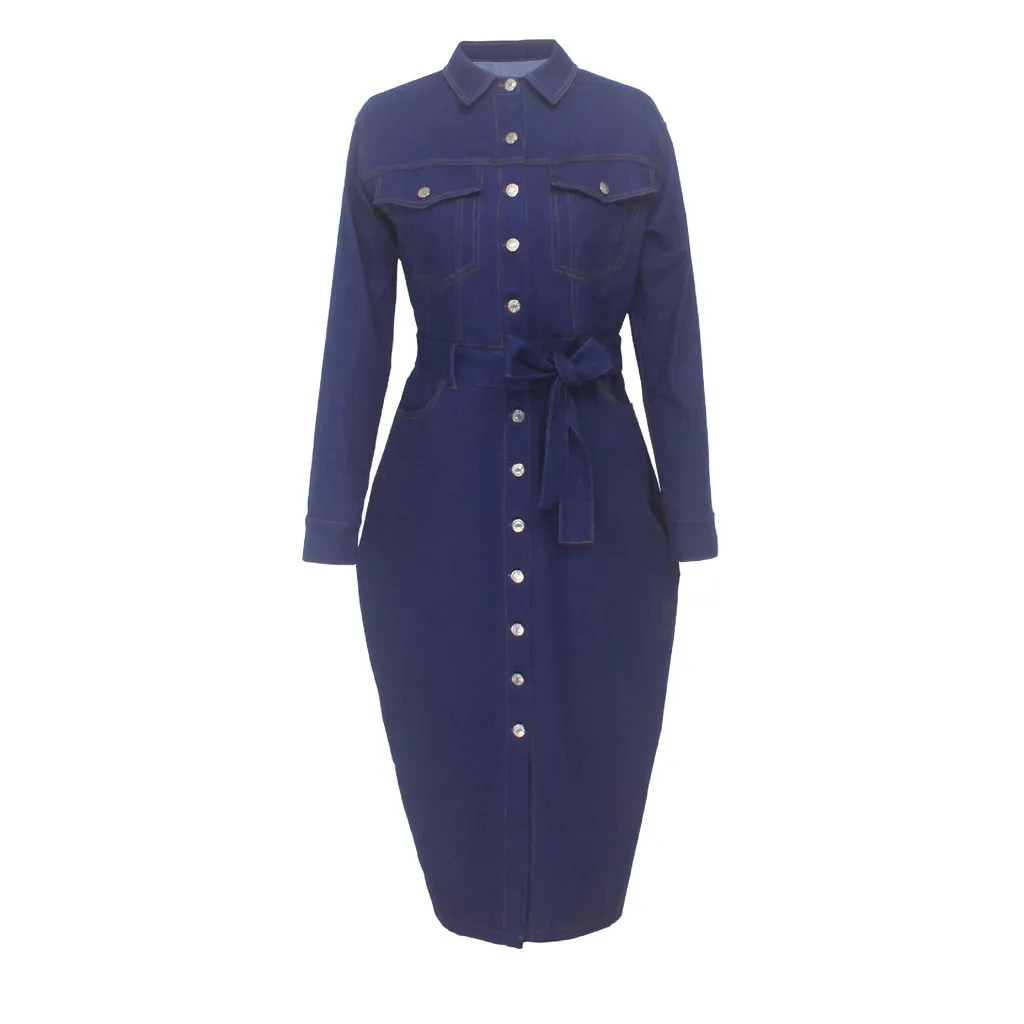Best Price UZwvh Women Plus Size Denim Dress Spring Casual Long Sleeve Turn Down Neck Pockets Midi Dress Ladies Sashes Button Solid Dresses Robe