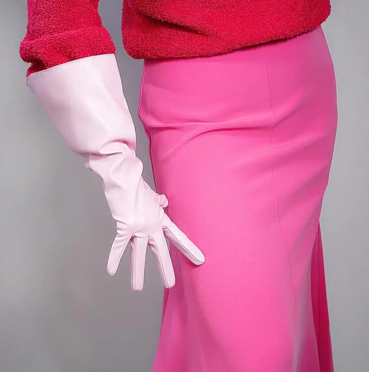 pink Женская модная Перчатка из искусственной кожи с широким рукавом, женские вечерние длинные перчатки в черную полоску 38 см R2472 - Цвет: pink