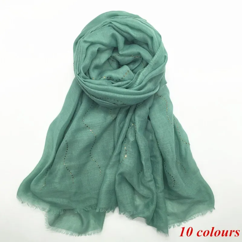 

2019 NEW 10 color women plain maxi scarf rhinestone scarves and shawls shimmer muslim hijab headbands foulard fringe 1pc