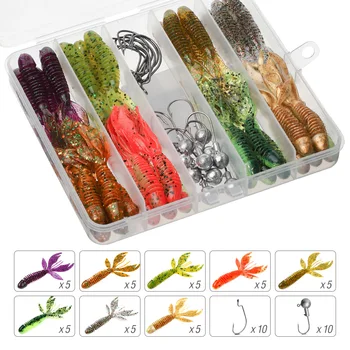

DONQL 40pcs Silicone Fishing Lure Set Soft Artificial Baits with Jig Head Fishhook Offset Hooks Larva Carp Fishing Accessories