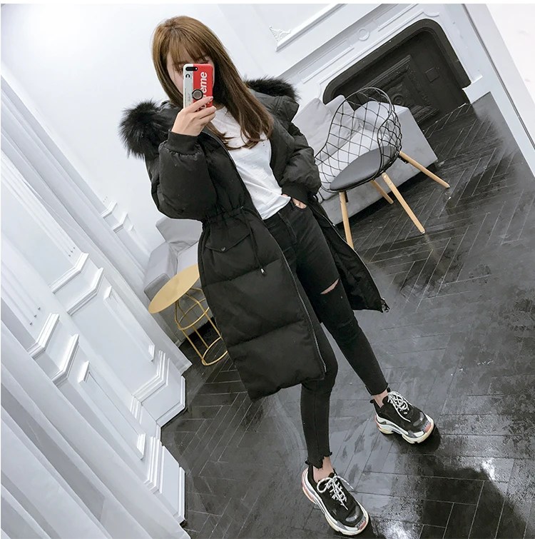 

Thick Korean Long Winter White Down Jacket Women Large Real Racoon Fur Collar Loose Womens Coat Chamarras De Mujer KJ434