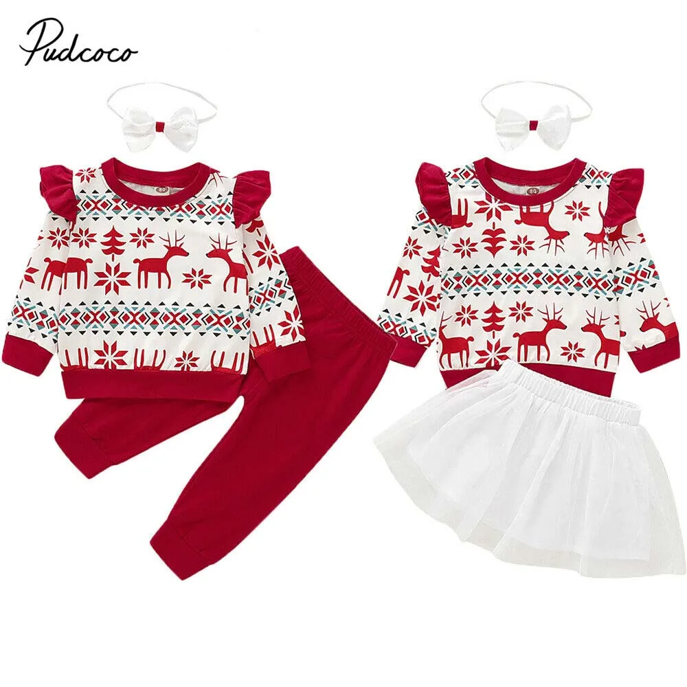 Коллекция года, брендовая Рождественская одежда для маленьких мальчиков и девочек свитер с принтом оленя Топ и штаны кружевная юбка-пачка карнавальный наряд комплект рождественской одежды