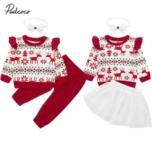 Коллекция года, брендовая Рождественская одежда для маленьких мальчиков и девочек свитер с принтом оленя Топ и штаны кружевная юбка-пачка карнавальный наряд комплект рождественской одежды