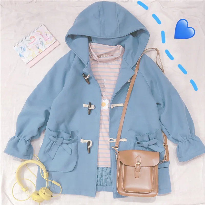 Blue Женское пальто с роговой пряжкой; сезон осень-зима; Верхняя одежда с бантом и карманами и капюшоном для девочек-подростков; Студенческая Милая шерстяная куртка для студентов; Mori Girl - Цвет: Blue