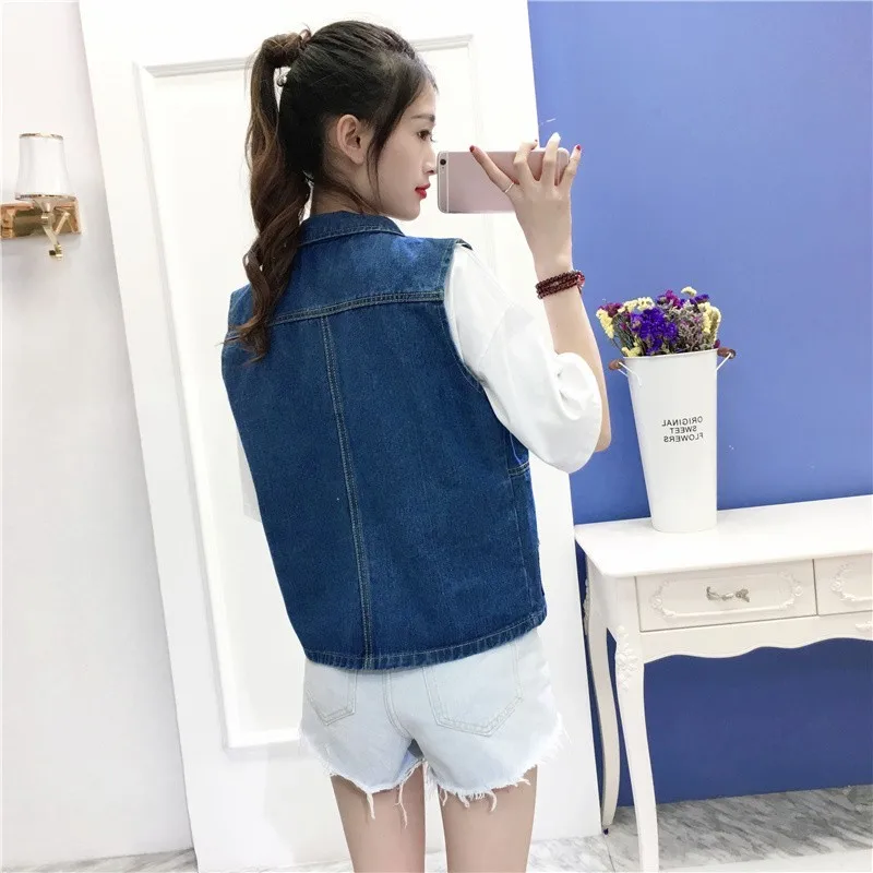 

New Arrival Blue Color Design Denim Jackets Loose Women single Breasted Female Waistcoat Pockets Fashion Korean Style Vest jeans