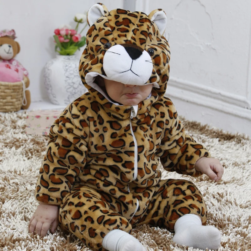 

Umorden Baby Brown Leopard Panther Costume Kigurumi Cartoon Animal Rompers Infant Toddler Jumpsuit Flannel Halloween Fancy Dress