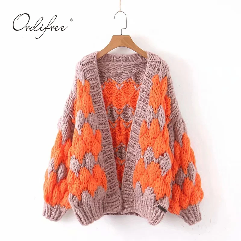 Ordifree Autumn Winter Luxury Handmade Women Sweater Designer Warm Thick Loose Knitted Cardigan Jumper Pull Femme