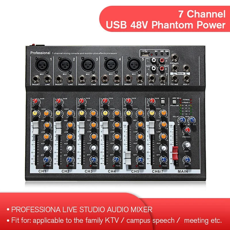 7 Channel Digital Microphone Sound Mixer Console 48V Phantom Power Professional Karaoke Audio Mixer Amplifier with USB EU Plug