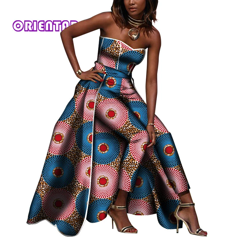 african attire Fashion African Clothes for Women Print Floral Off Shoulder Jumpsuits with Apron Skirt Bazin Riche Pants Lady Long Romper WY8030 african couple outfits