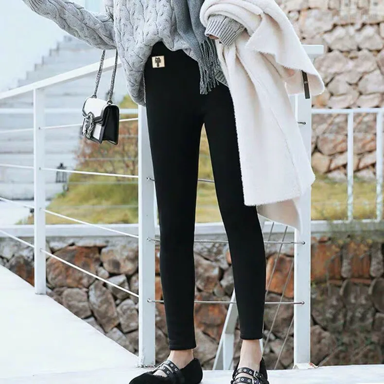 Black warm pants winter skinny thick velvet casual wool fleece Trousers Lambskin Cashmere Pants For Women leggings