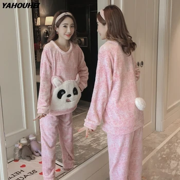 

2019 Winter Women Thick Warm Flannel Pajamas Sets Cute Cartoon Panda Pyjama Long Sleeve Coral Velvet Sleepwear Homewear Clothing