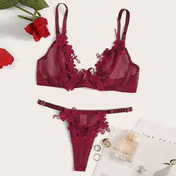 

2019 Fashion New Women Sexy Bra Set Lace Solid Lingerie Sleepwear Underwear Lace Two Piece Ladies Underwear G-String Red femme