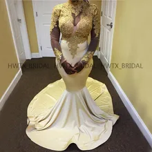 Африканские черные платья для выпускного вечера для девочек Золотое Кружевное белое атласное сексуальное длинное вечернее платье русалки размера плюс с длинным рукавом Robe de soiree