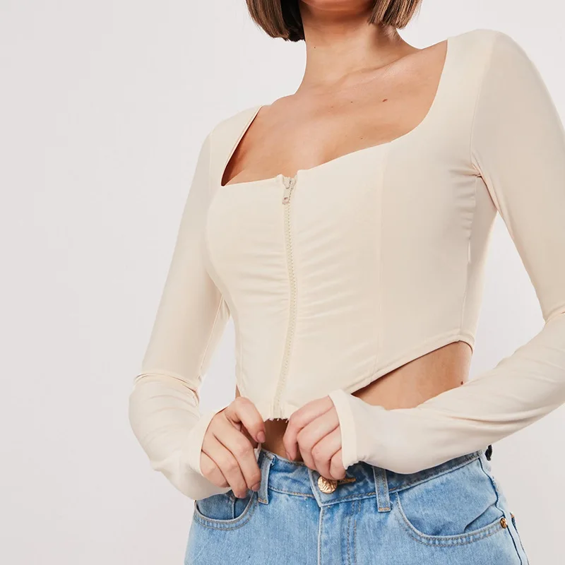 summer and spring side collar Navel exposed stretch tights clothes shirt tshirt tee Long Sleeve Chic Zipper Top stretch T-shirt