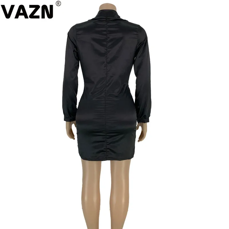 VAZN FNN8322 New High Quality Upmarket Untidy Sexy Overalls Fashion Bandage Button Solid Full Sleeve Women Thin Mini Dress
