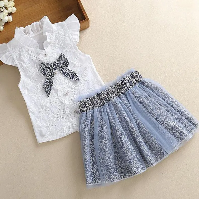 Light Blue Комплект одежды для девочек, коллекция года, летние детские футболки блузки с бантом для девочек+ газовая леопардовая юбка, наряды Детские костюмы принцессы из 2 предметов, S10416 - Цвет: Light Blue