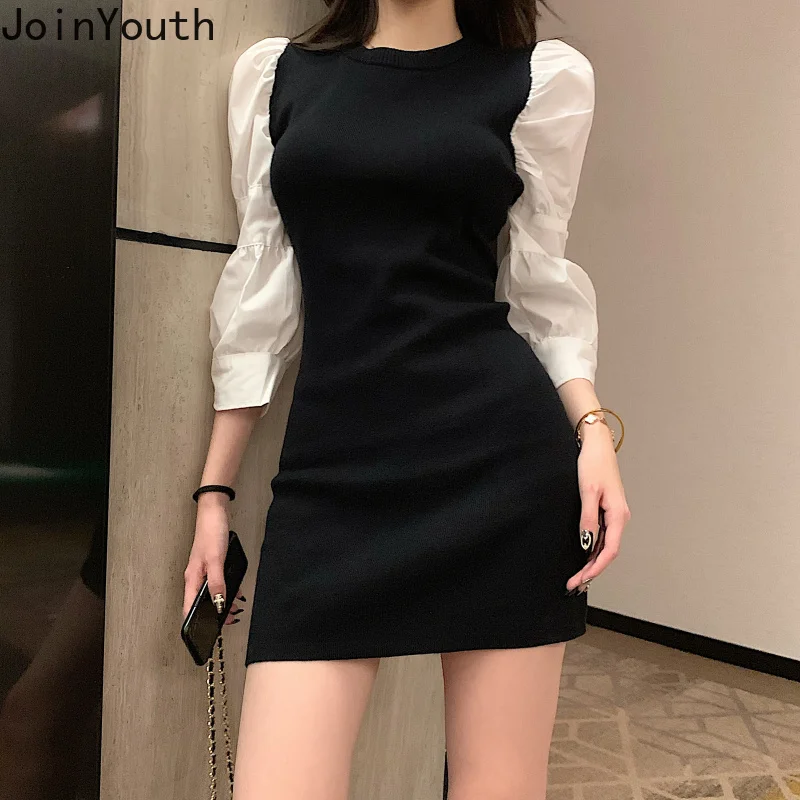 Joinyouth Корейские вязаные Лоскутные элегантные платья с пышными длинными рукавами